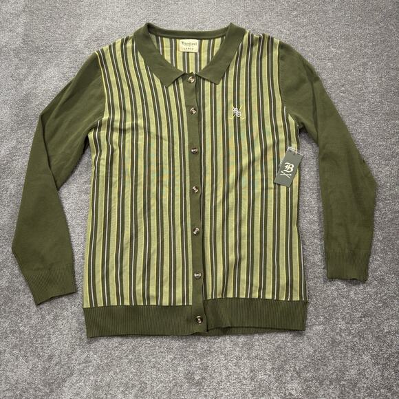 Barstool Golf Sweater Cardigan L Olive Green Stripe Button Up Long Sleeve Logo - Picture 1 of 9